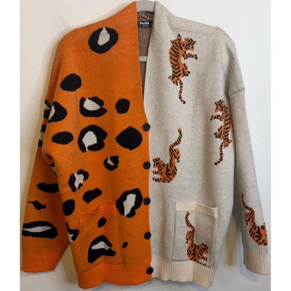 Women TIGER Animal Print Sweater Cardigan Button Long Sleeve Orange Black XL